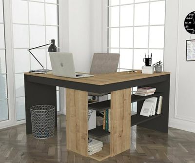 Dmora - Bureau Elpis, Pupitre Polyvalent, Table de Bureau pour PC, Plan de Travail, 120x120h74 cm, Chêne et Anthracite