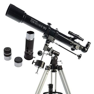 Celestron 21037 PowerSeeker 70EQ Telescópio refrator: inclui dois oculares, diagonal de imagem reta, lente Barlow de 3 aumentos, tripé ajustável em altura e bandeja de acessórios de luxo, preto