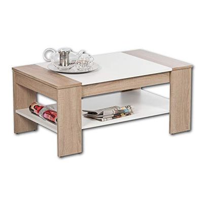 FINLEY Plus stolik kawowy o wyglądzie dębu Sonoma, biały – przestronny stolik z szufladą i półką do Twojego mieszkania – 100 x 44 x 58 cm (szer. x wys. x gł.)