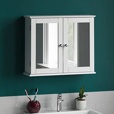 Bath Vida Armadio Vida Designs Milano Mobile da Bagno a Doppia Anta con Specchio, a Parete, Legno Vetro, Bianco, H 47 x W 57 x D 18 cm