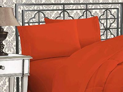 Elegant Comfort Lussuoso set di lenzuola 1500 in microfibra di qualità alberghiera, tre linee ricamate, morbide, 4 pezzi, resistente alle pieghe e allo sbiadimento, matrimoniale, ruggine
