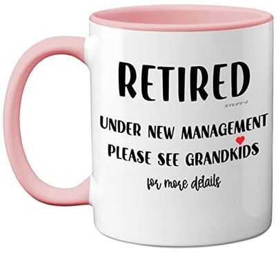 Stuff4 Funny Retirement Gifts for Women Men - Retired Under New Management - 11oz Pink Ceramic Coffee Mugs, Happy Retirement Mug Gifts, Retirement Mugs for Men Women, Leaving Gifts for Colleagues