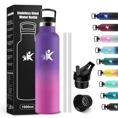 KollyKolla 1 liter thermosfles, BPA-vrij, roestvrijstalen drinkfles met rietje, lekvrij, herbruikbaar, voor kantoor, sport, fietsen, werk