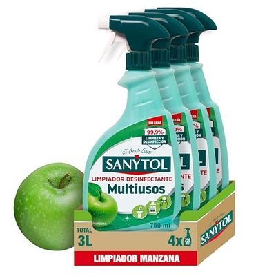 Sanytol - Limpiador Desinfectante Multiusos Manzana, Elimina el 99,9% de Gérmenes, Eficaz contra Bacterias, Hongos y Virus, Sin Lejía, No Mancha Textiles, Testado Dermatológicamente - 4 x 750 ml
