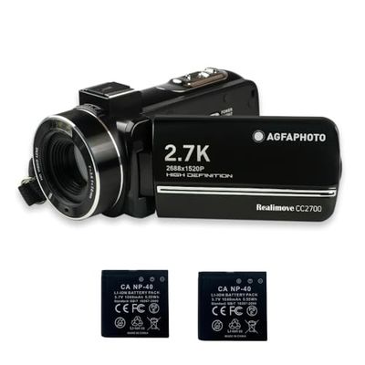 AgfaPhoto Realimove CC2700 - Videocamera da 2,7 K, foto da 24 MP, touch screen IPS da 3,0", zoom digitale 18x, luce LED, telecomando, 2 batterie al litio