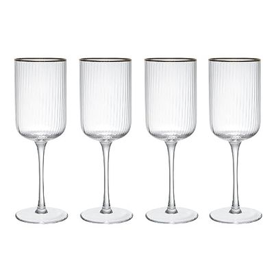 MIKASA Sorrento Set of 4 Ridged Crystal Red Wine Glasses with Gold Rim and Wide Shape, 375ml, Lead-Free, Clear Fine Glasses, Sleek Design for Celebrations