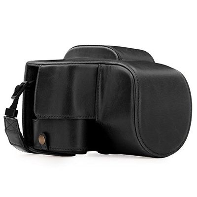 MegaGear MG1223 Capa de couro, com correia e acesso à bateria, design "Sempre pronto", para câmara Panasonic Lumix DC-FZ80, FZ82, cor preta