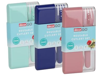 Décor Go Herbruikbare bestekset met reisetui | Perfect voor kamperen, reizen en picknicks | 3-delige set - verschillende kleuren