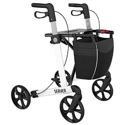 Rehasense Deambulateur 4 roues pliable leger -Pour personnes âgées - aide à la marche -Aide à la mobilité -Rollator Server M blanc -Pliable Réglable en Hauteur -Rollators haut de gamme très légers