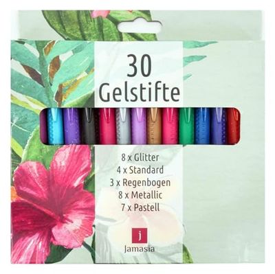 TerCasa 998701 Juego de 30 bolígrafos de gel con purpurina, arco iris, metálico, estándar y colores pastel, 30 bolígrafos de gel para escribir y dibujar de forma suave