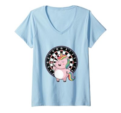 Donna Unicorno Giocare Darts Gioco Giocatore Sportivo Maglietta con Collo a V