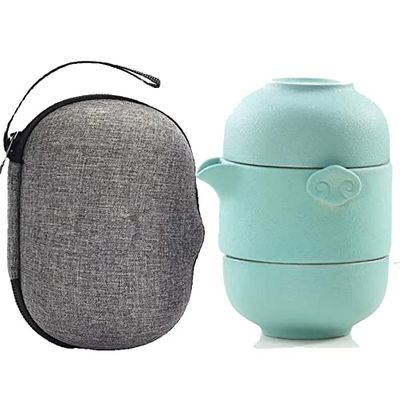 TAMUME Theeservies voor reizen, theepot en theekopjes van porselein voor 2 personen, met reistas (groen)