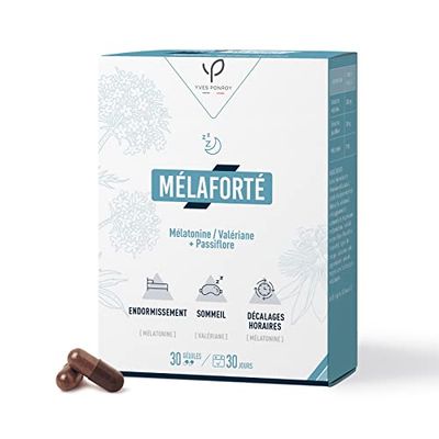PONROY-MELAFORTE-Complément Alimentaire à base de mélatonine, passiflore et valériane-Troubles du Sommeil- Endormissement Rapide-Réveils nocturnes-Solution complète - 30 gélules - Fabriqué en France