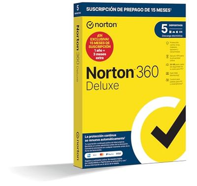 Norton 360 Deluxe 2024 - Antivirus software para 5 Dispositivos y 15 meses de suscripción con renovación automática, Secure VPN y Gestor de contraseñas, para PC, Mac tableta y smartphone