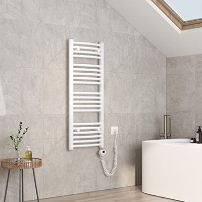 EMKE Radiador eléctrico con termostato (1200 x 400 mm, curvado, color blanco, para electricidad, toallero con barra calefactora, 500 W)
