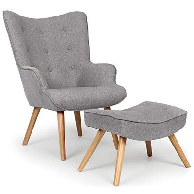 Menzzo Fauteuil Scandinave Gris Clair avec Pouf Repose Pied Salon | Revêtement Tissu | Pieds en Bois | Assise Moelleuse et Confortable | Modèle Lylou | L64 x P48 x H100 cm | Hauteur Assise 42 cm qh8901lightgrey68018 64