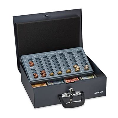 Relaxdays Caja Dinero, con Cierre, Contador de Monedas, Acero, 2 Llaves, Cambio y Billetes, 10,5 x 36 x 27,5 cm, Negro