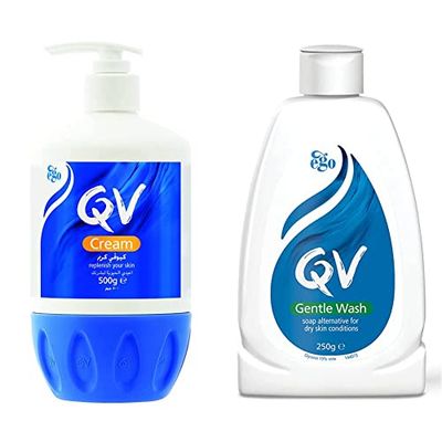 QV Cream with Glycerin - 500g Pump, 24 Hour Moisturisation, Ideal for Dry Skin Conditions, such as Eczema, Psoriasis and Dermatitis & Gentle Wash 250g, Soap-Free, Moisturising, Low Irritant