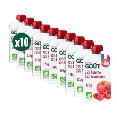 GOOD GOÛT - Gourdes Pomme Framboise - Purée Bébé - Dès 4 Mois - 75 % Pomme, 25 % Framboise - Sans Sucres Ajoutés - Fabriqué En France - 10x120g (L'emballage peut varier)