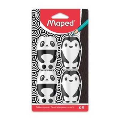 Maped - Juego de 4 sacapuntas de palillos de pingüino y panda con reserva y 1 agujero para lápices estándar, fácil de usar