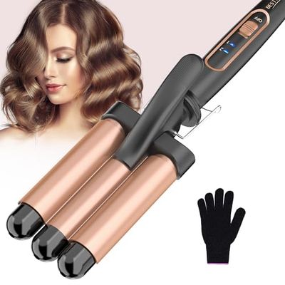 Hair Waver Hair crimpers for Women- 3 Barrels Hair Curler with Adjustable Temperature, Ceramic Waver Mermaid Hair Culer for Long Hair and Short Hair, Dual Voltage