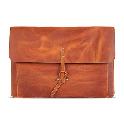 Londo Äkta kornigt läder MacBook Pro-fodral med framficka och klaffstängning (kamel, 15–16 tum)