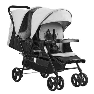 VEVOR Dubbele kinderwagen, licht en opvouwbaar, met tandemstoel, rugleuning, verstelbare voetensteun, veiligheidsgordel, opbergmand voor pasgeborenen, peuters, lichtgrijs, zwart