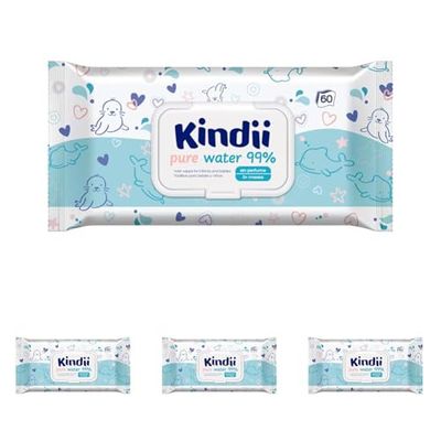 Kindii Pure Water Toallitas húmedas Pure Aqua para Bebé, Composición a base de agua 99% - 99%, Alantoína, Sin perfume, Sin perfume, Dermatológicamente probado, Para piel sensible, Paquete de 240