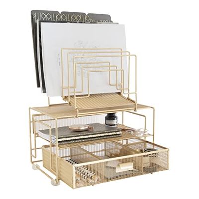Blu Monaco Workspace Gold Desk Organizer and Accessories Desktop Rack with File sorters and Drawer for Office Supplies, Paper, Device and Folder