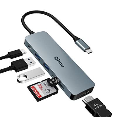 USB C HUB, USB C-adapter, Qhou 6-in-1 USB C naar HDMI multipoort-adapter met 4K HDMI-uitgang, 2 USB 3.0, 100W PD, SD/TF Card Playback compatibel met MacBook Pro/Air/Surface/andere Type C-apparaten