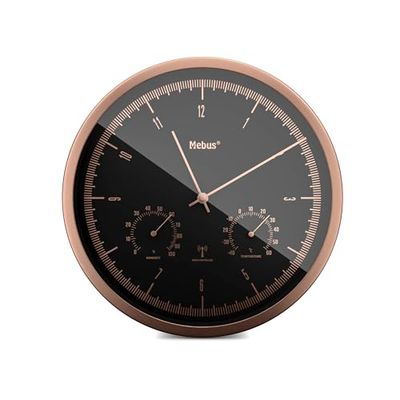 Mebus TinyTime 1978 Draadloze wandklok met thermo- en hygrometer, zonder tikkende geluiden, 25 cm, zwarte wijzerplaat, koperkleurige behuizing