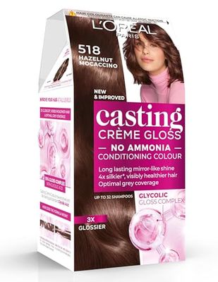 L’Oréal Paris Ammonia Free Semi-Permanent Hair Dye, 518 Hazelnut Moccaccino, Natural Looking Finish, For up to 28 Shampoos, Casting Crème Gloss, 1 Application