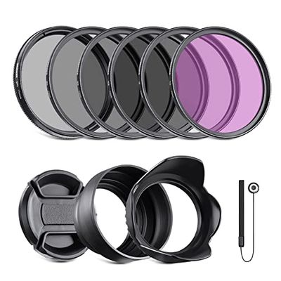 NEEWER Kit di filtri e accessori per lenti ND2 ND4 ND8 UV CPL (polarizzazione circolare) da 77 mm con copriobiettivo, paraluce a tulipano, paraluce in gomma pieghevole, custodia per filtro, laccio di