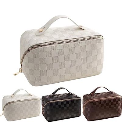 BIVIZKU Large Portable Makeup Bag, Travel Cosmetic Bag for Women, White-checkered, Waterproof