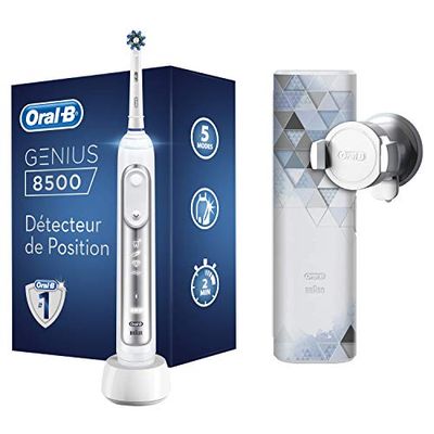 Oral-B Genius 8500n, Brosse à Dents Électrique Rechargeable, Souple pour Voyage, Manche Connecté Bluetooth, Détecteur de Position, 1 Brossette et 1 Étui de Voyage Premium Offert, Argenté