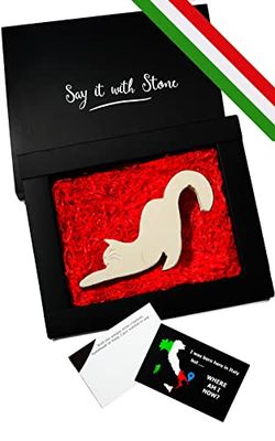 Gatto che si stiracchia Fatto a Mano in Pietra Leccese - Incl Confezione Regalo e Bigliettino in Bianco - Simbolo di Pazienza, Indipendenza, Curiosità e Spirito d'Avventura - Compleanno Anniversario