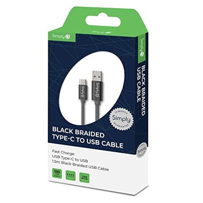 Simply ICTC03 - Cavo di Ricarica Intrecciato da C a USB, Lunghezza 1,5 m, per Samsung, HTC, LG e Altri Smartphone e Playstation 5/XboxOne e Series X, Colore: Nero