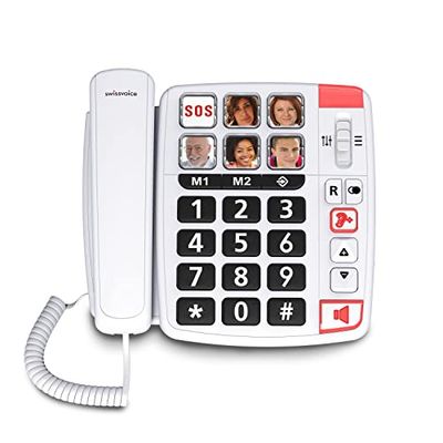 SWISSVOICE - Xtra 1110 - Téléphone Fixe Filaire - Larges Touches - 6 Touches Mémoires avec Photo - Sonneries Extra Fortes - Indicateur Lumineux - Audio Boost - Compatible Aides Auditives - Blanc