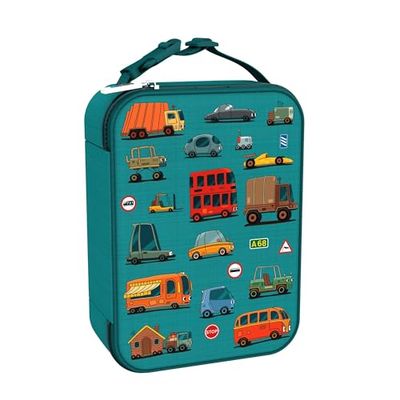 Ion8 Automobiles Design Lunch Bag, Easy Access 3-Sided Zip, Write-On Name Patch, Freshness & Insulation for 6 Hours, Mesh Pocket for Bottles, Machine Washable, Polyester Fabric Material, Teal