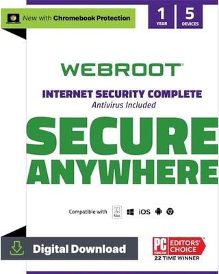 WEBROOT Internet Security Complete 2024 | Gestor de contraseñas, optimizador de rendimiento, copia en cloud | 5 dispositivos | 1 año | Mac/Windows/iOS/Android/Chrome | Código de activación por email