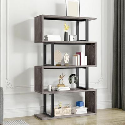 YITAHOME Boekenkast, rek met 5 niveaus, S-vormig, modern, vrijstaand multifunctioneel decoratief opbergrek, staand rek voor slaapkamer, woonkamer kantoor, zwart (grijs)
