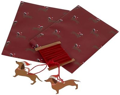 Kit de papel de regalo de Navidad con diseño de perro salchicha, 2 hojas, 2 etiquetas y cinta