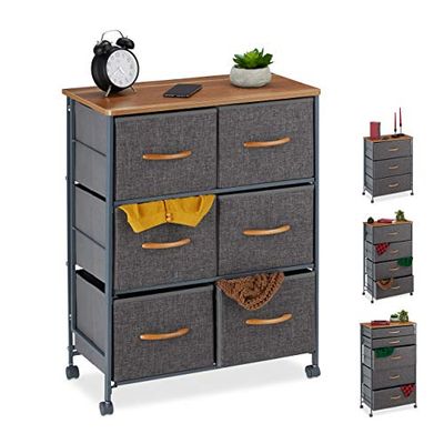 Relaxdays Cajonera con Ruedas, Cajones Textiles, Decoración, Balda con Apariencia de Madera, 74,5 x 58 x 30 cm, Gris, Acero, poliéster, tableros conglomerado DM