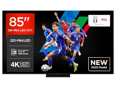 TCL 85Q7C 85 Inch QD Mini LED TV, 4K HDR Premium 2600, Smart Google TV (Dolby Vision IQ e Atmos, pannello HVA, audio Bang & Olufsen, Motion Clarity Pro a 144 Hz, Game Master)