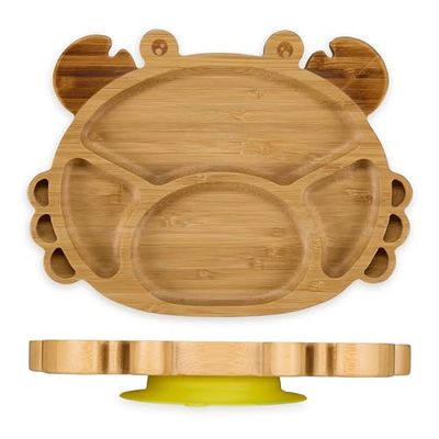 Relaxdays Babytallrik med sugkopp, bambu, krabba, halkfri, BPA-fri, tilläggskost, uppdelad barntallrik, natur