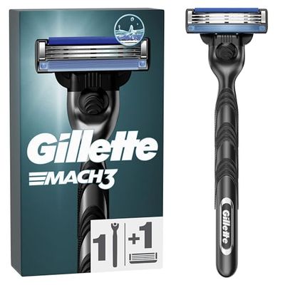 Gillette Mach3 Rasoir Pour Homme, Rasoir À 3 Lames, 1 Manche En Acier Inoxydable + 1 Recharge De Lames