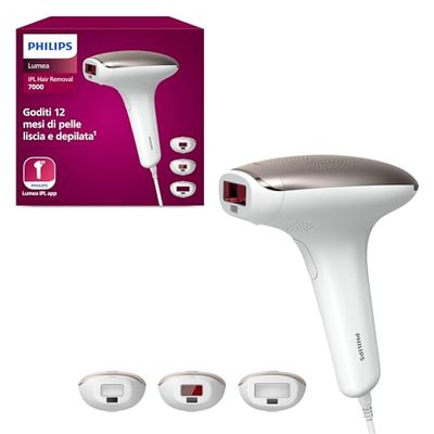 Philips Lumea 7000 Series,dispositivo di epilazione IPL, alternativa ai dispositivi di epilazione laser, 3 accessori per viso, corpo e zona bikini, modello SC1999/00