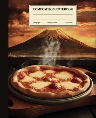 Composition Notebook College Ruled: Margherita Pizza Nostalgia: Vintage Artwork with Mount Vesuvius at Sunset