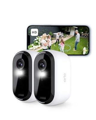 Arlo Essential 2 Camara Vigilancia WiFi Exterior HD, Camara Vigilancia WiFi Interior, Sensor de Movimiento, Alarmas Para Casa, Visión Nocturna En Color, Prueba Arlo Secure Incluida, 2 Cámaras, Blancas