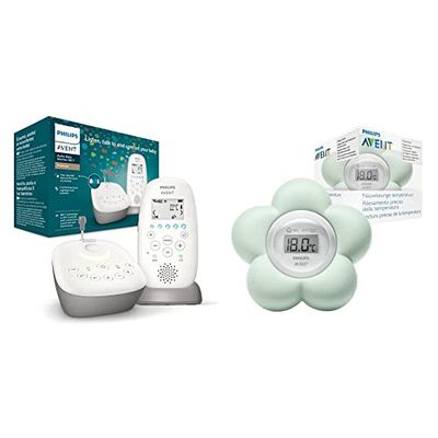 Philips Avent Écoute-bébé DECT avec projecteur d'étoiles au Plafond (Modèle SCD733/26) & Thermomètre numérique de Bain pour bébé, 100% étanche et Mesure précise de la température (Modèle ‎SCH480/00)